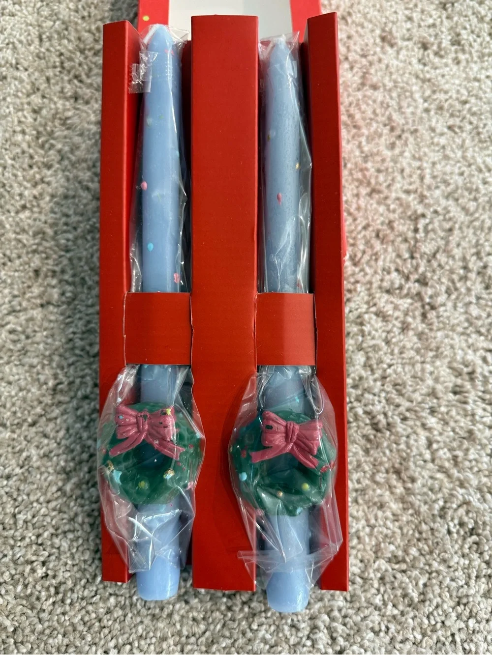 Anthropologie Red Boxed Taper Candles with Green Holders